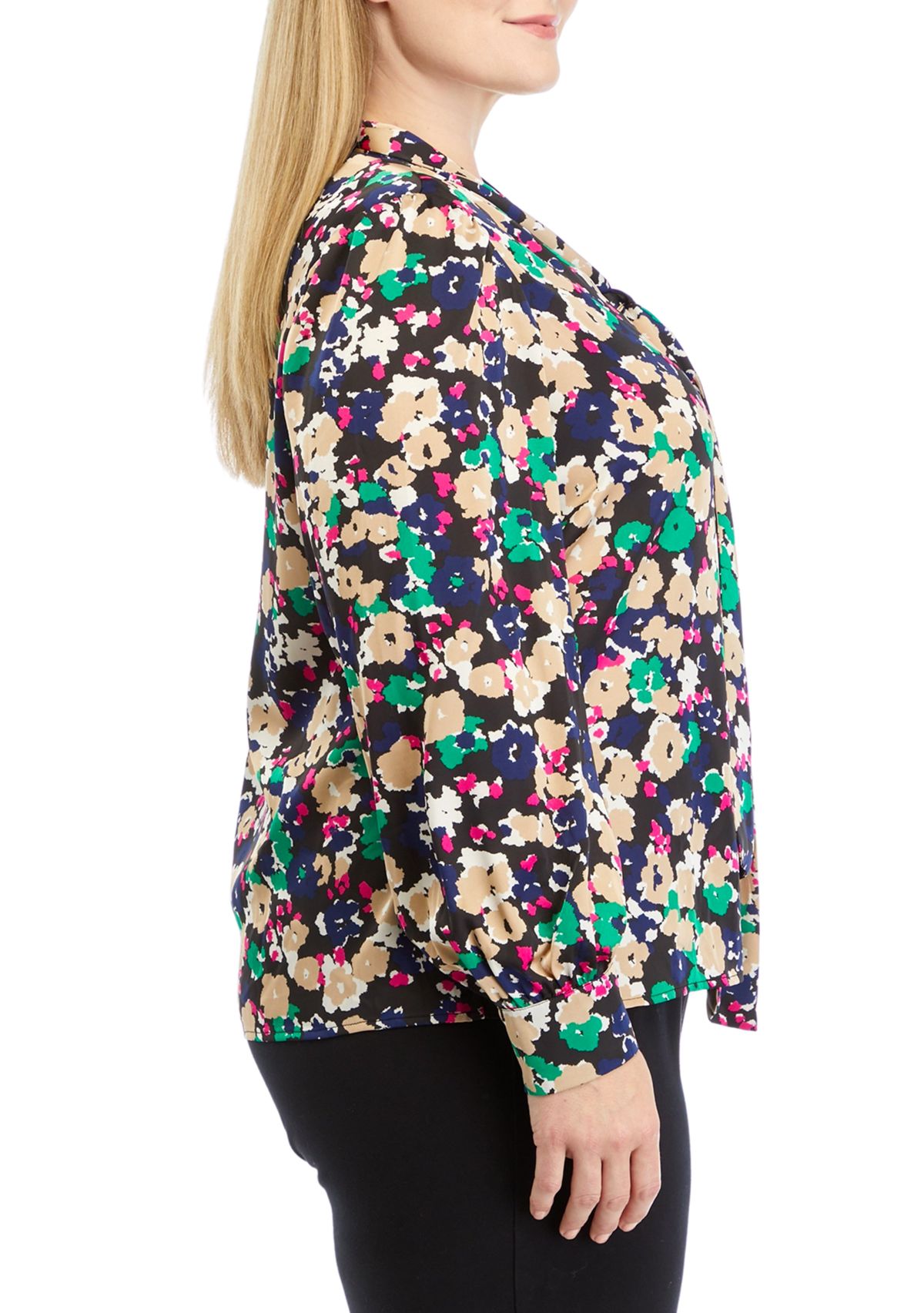 Plus Size Long Sleeve Tie Neck Blouse 