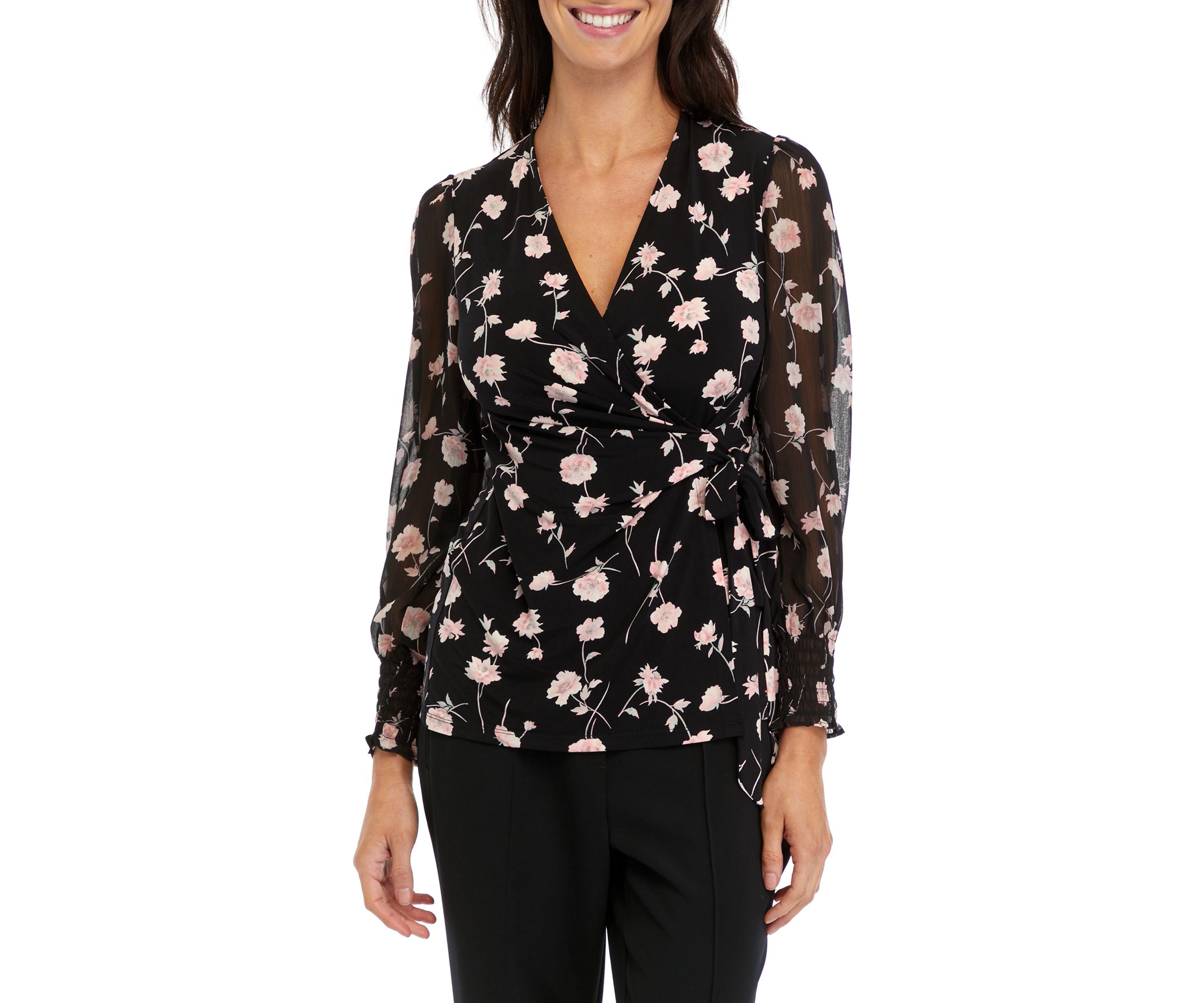Womens Printed Smocked Wrap Top
