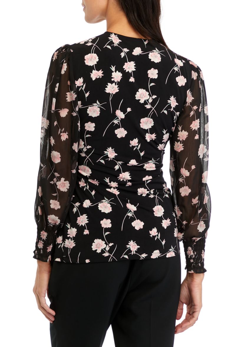 Womens Printed Smocked Wrap Top