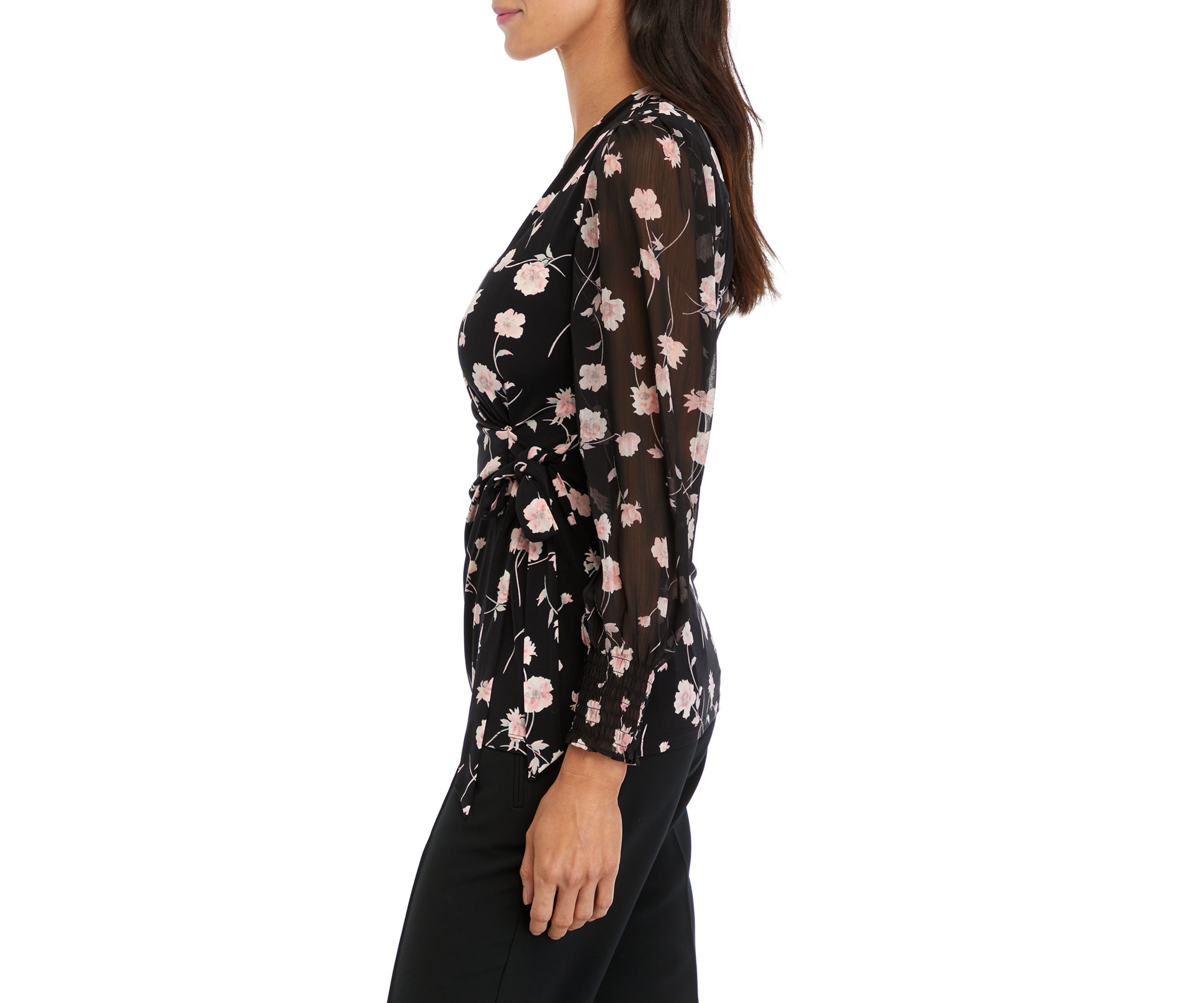 Womens Printed Smocked Wrap Top