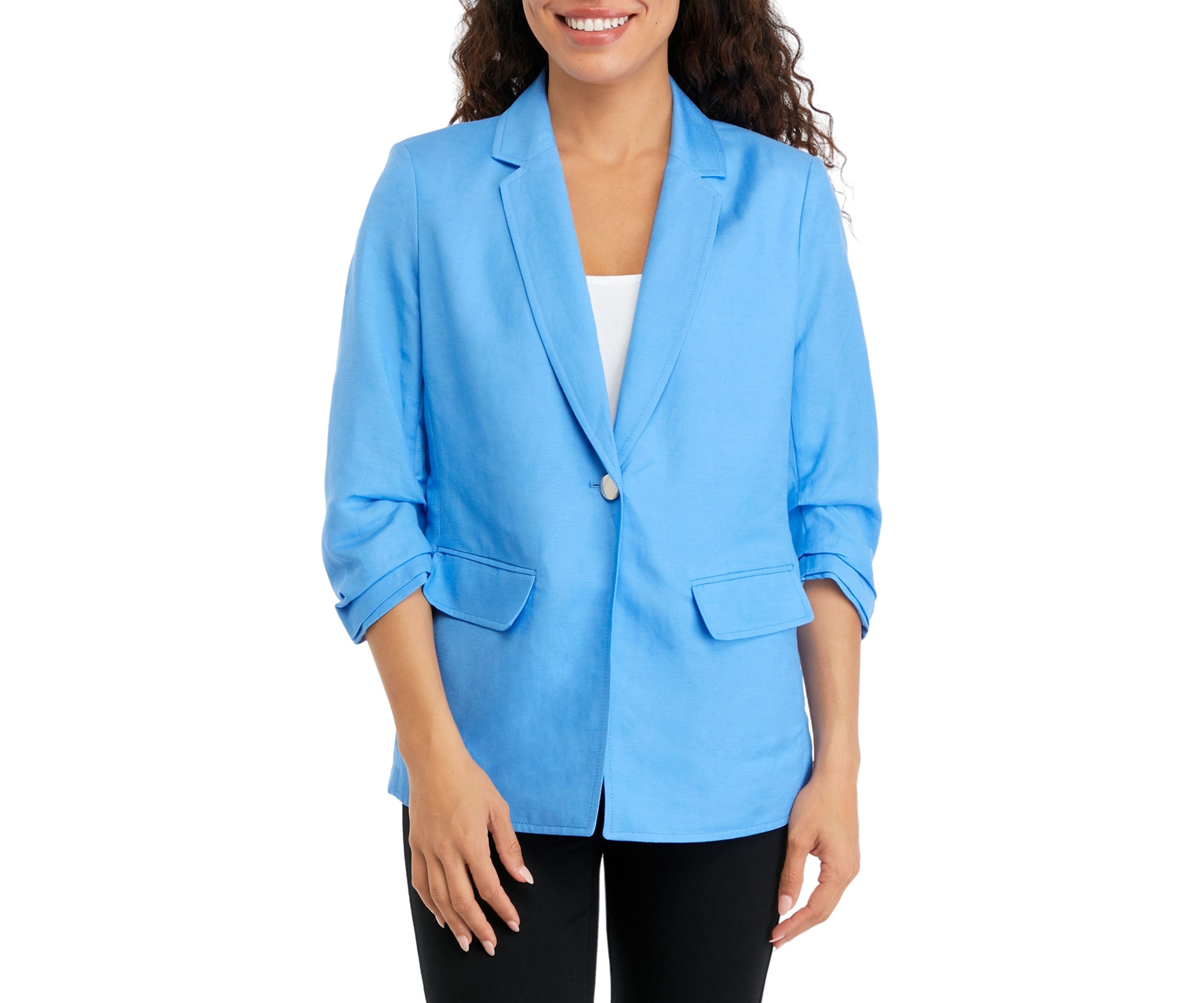 Petite Linen One Button Notch Collar with Scrunch Sleeve Linen Jacket