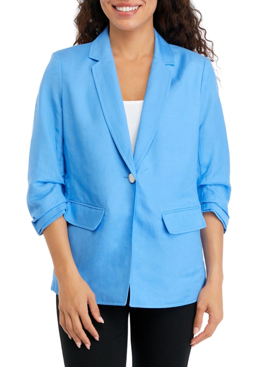 Petite Linen One Button Notch Collar with Scrunch Sleeve Linen Jacket