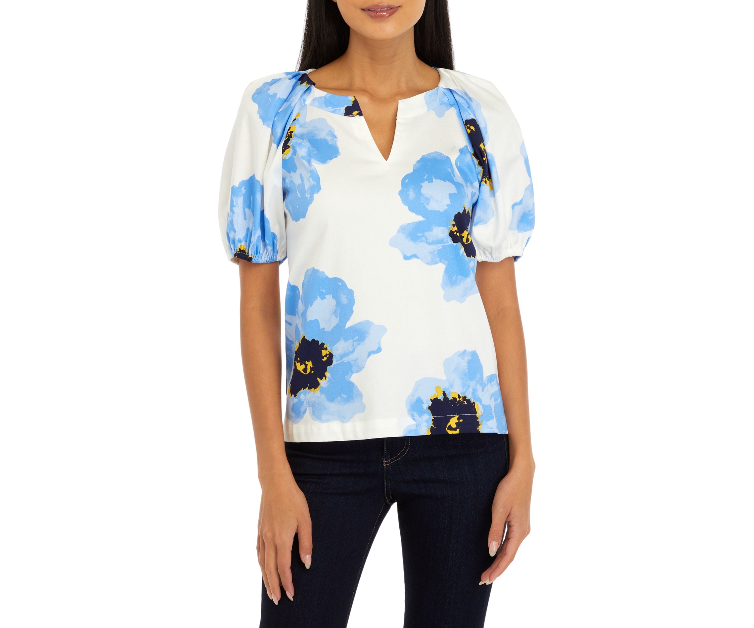 Petite V-Neck Blouse with Puff Sleeves