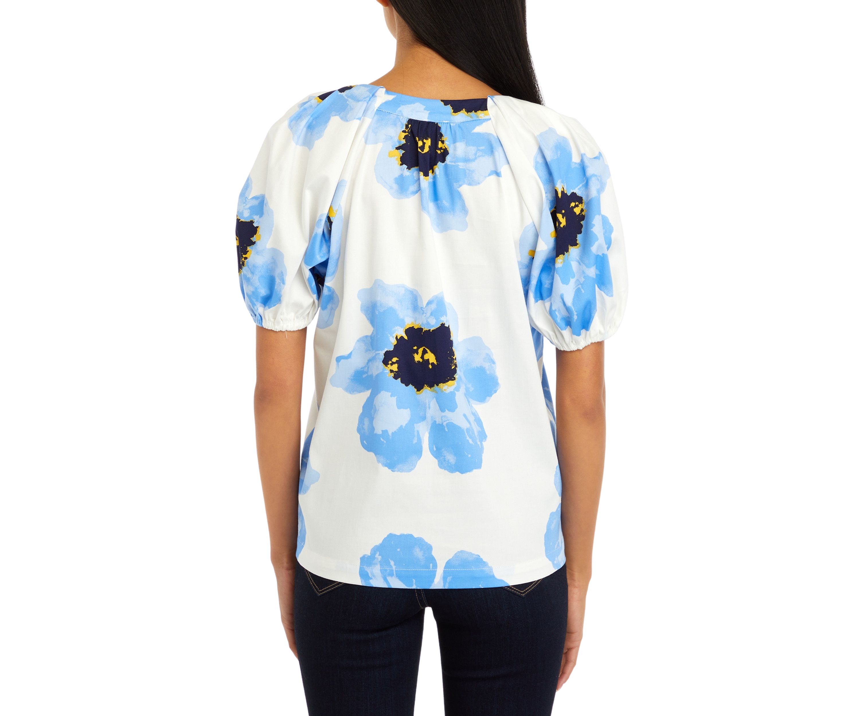 Petite V-Neck Blouse with Puff Sleeves