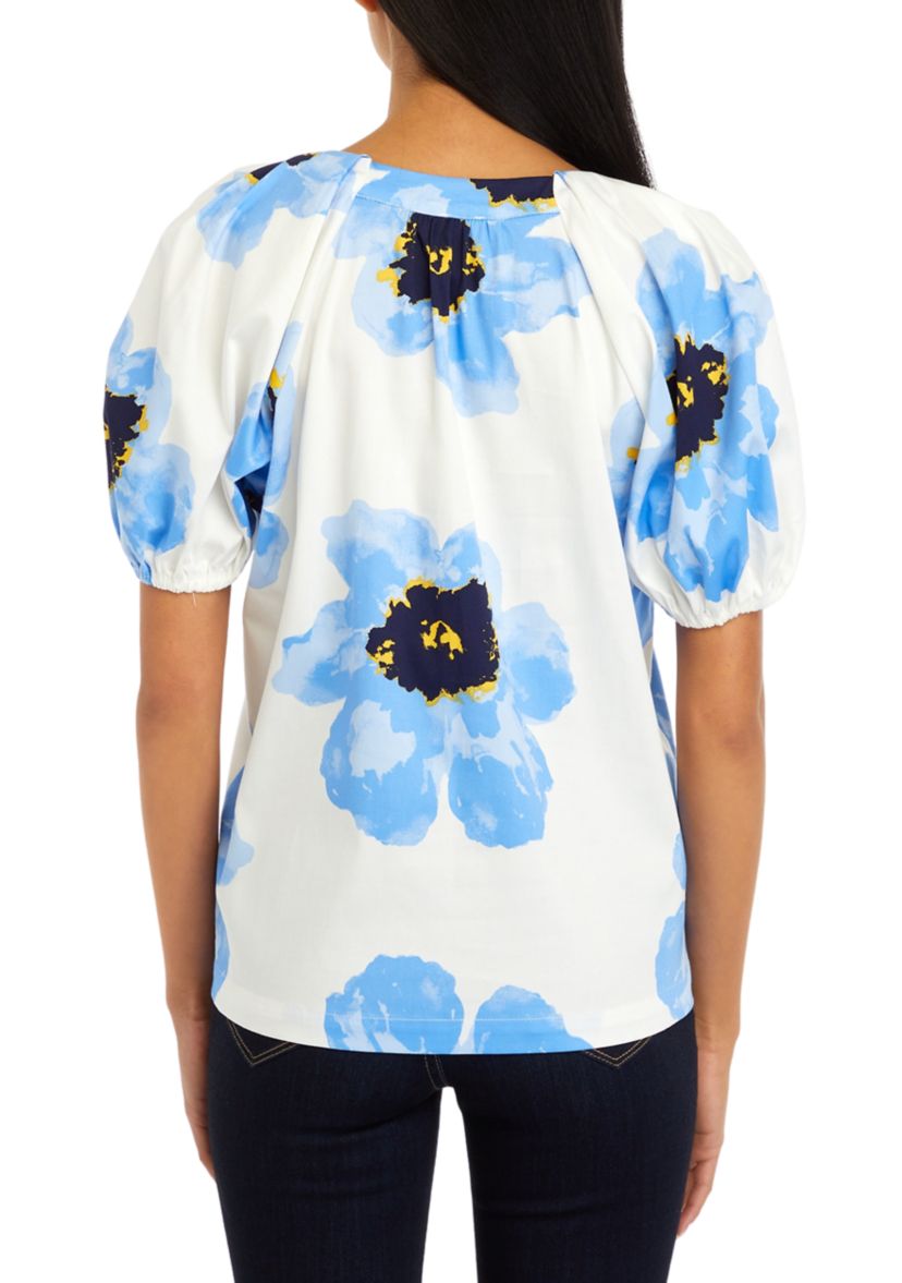 Petite V-Neck Blouse with Puff Sleeves