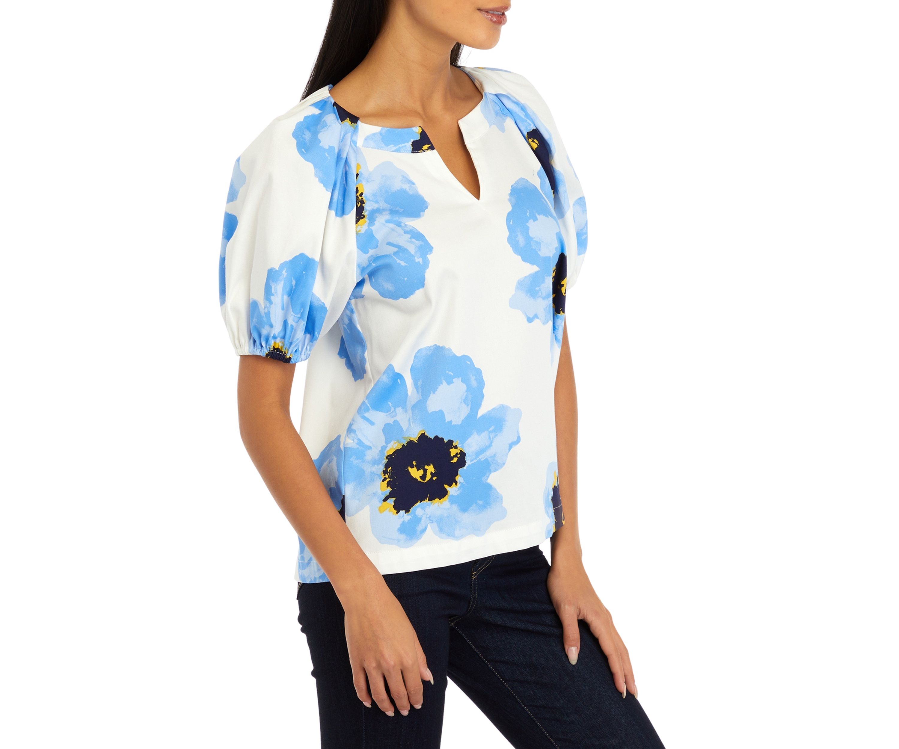 Petite V-Neck Blouse with Puff Sleeves