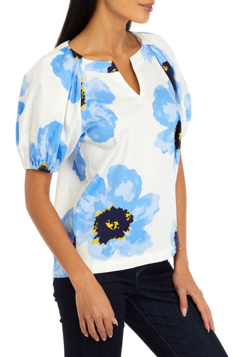 Petite V-Neck Blouse with Puff Sleeves