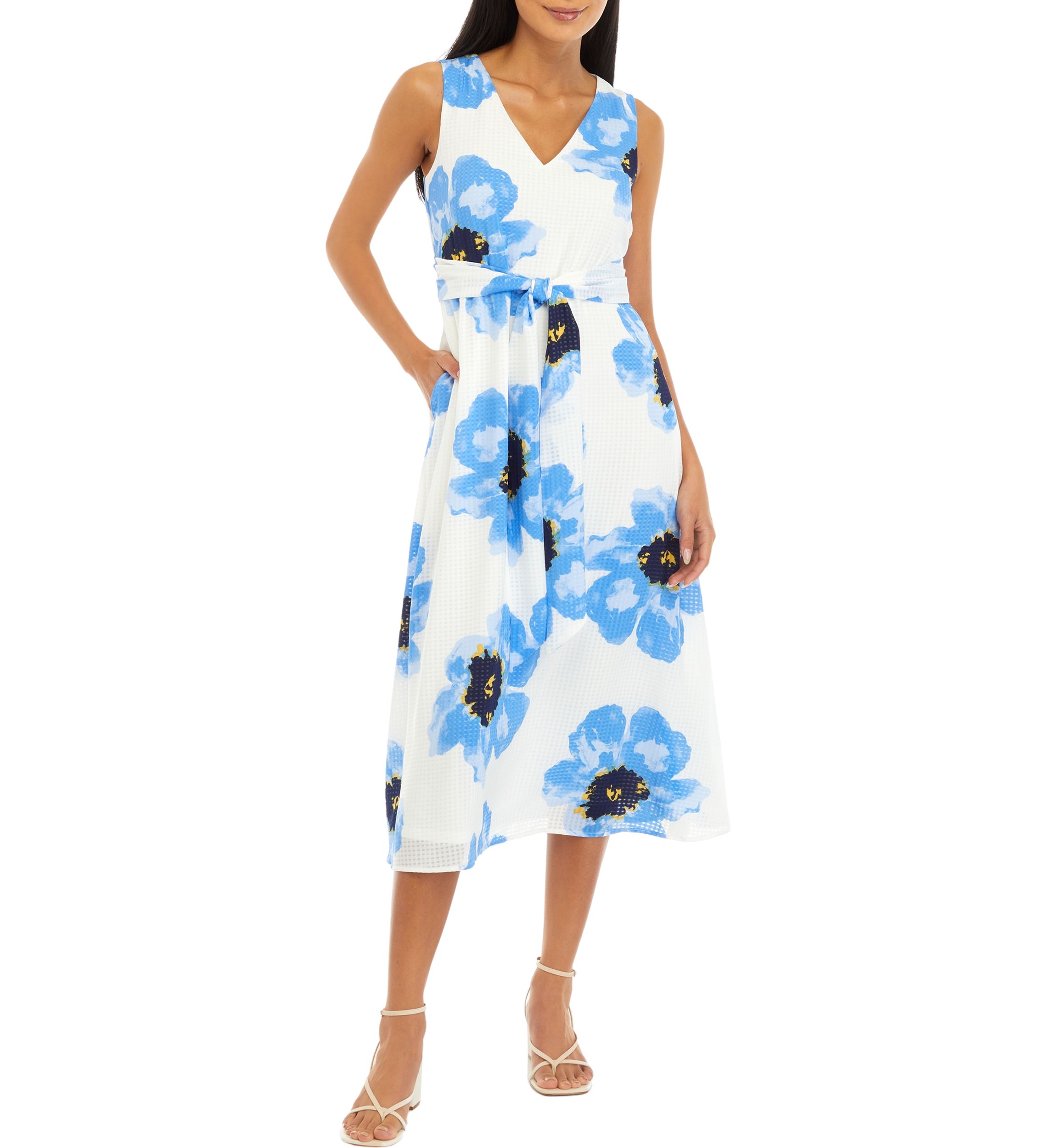 Womens Printed Midi Dress with Attached Sash