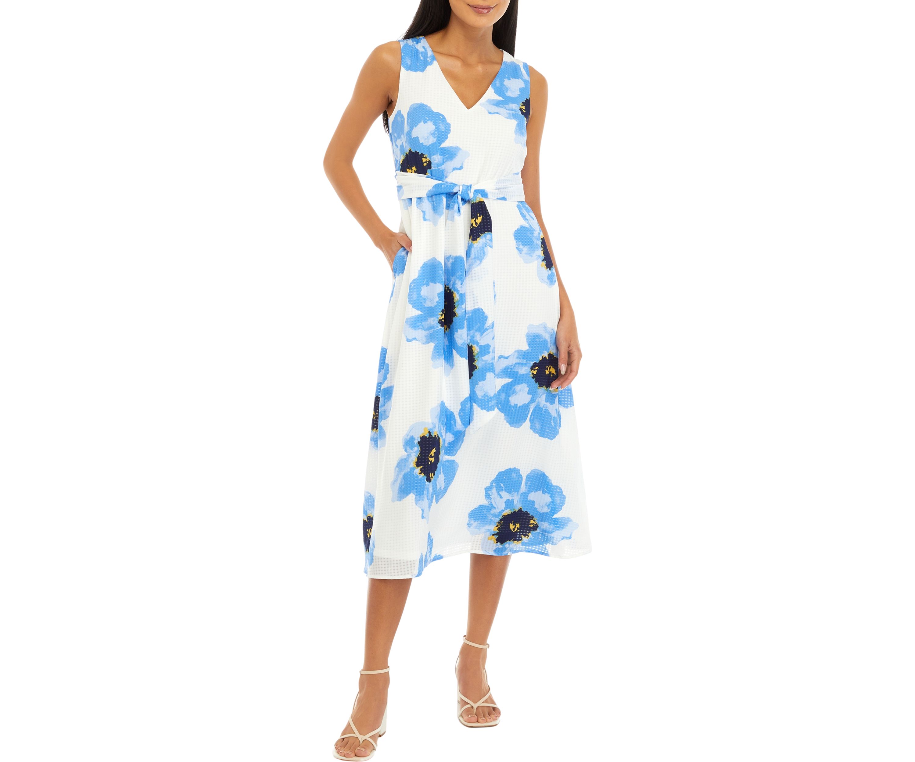 Womens Printed Midi Dress with Attached Sash