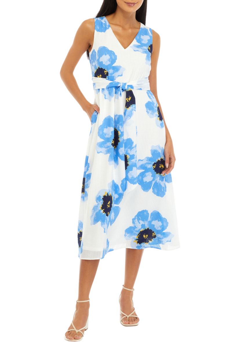 Womens Printed Midi Dress with Attached Sash