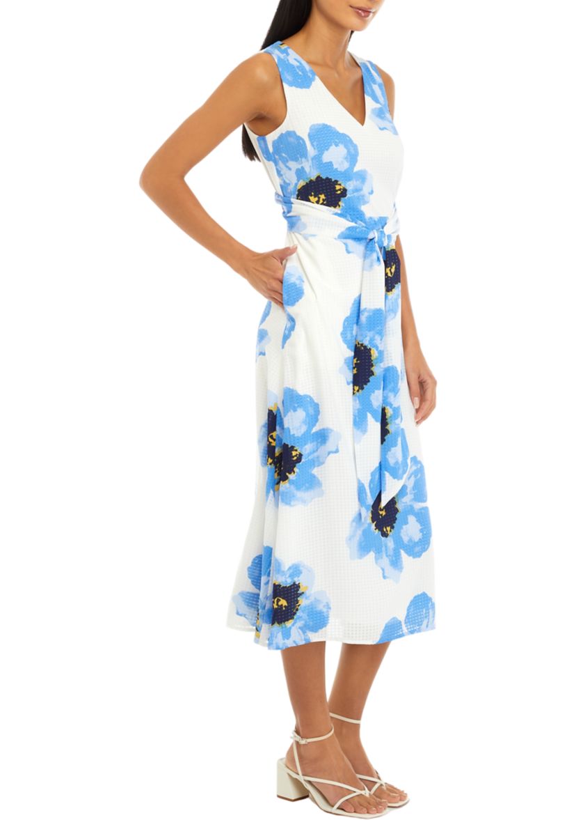 Womens Printed Midi Dress with Attached Sash