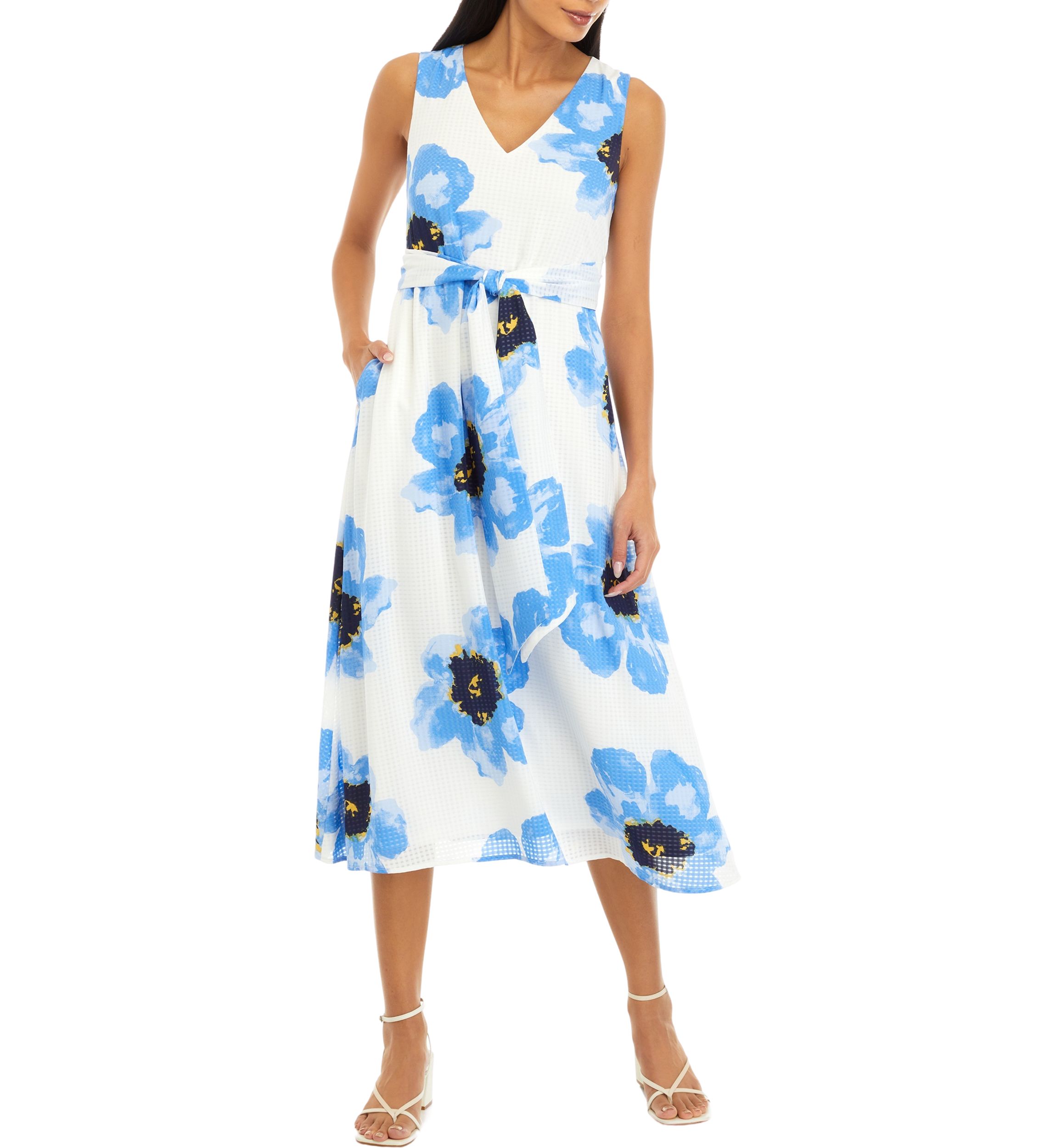 Petite Printed Midi Dress with Attached Sash