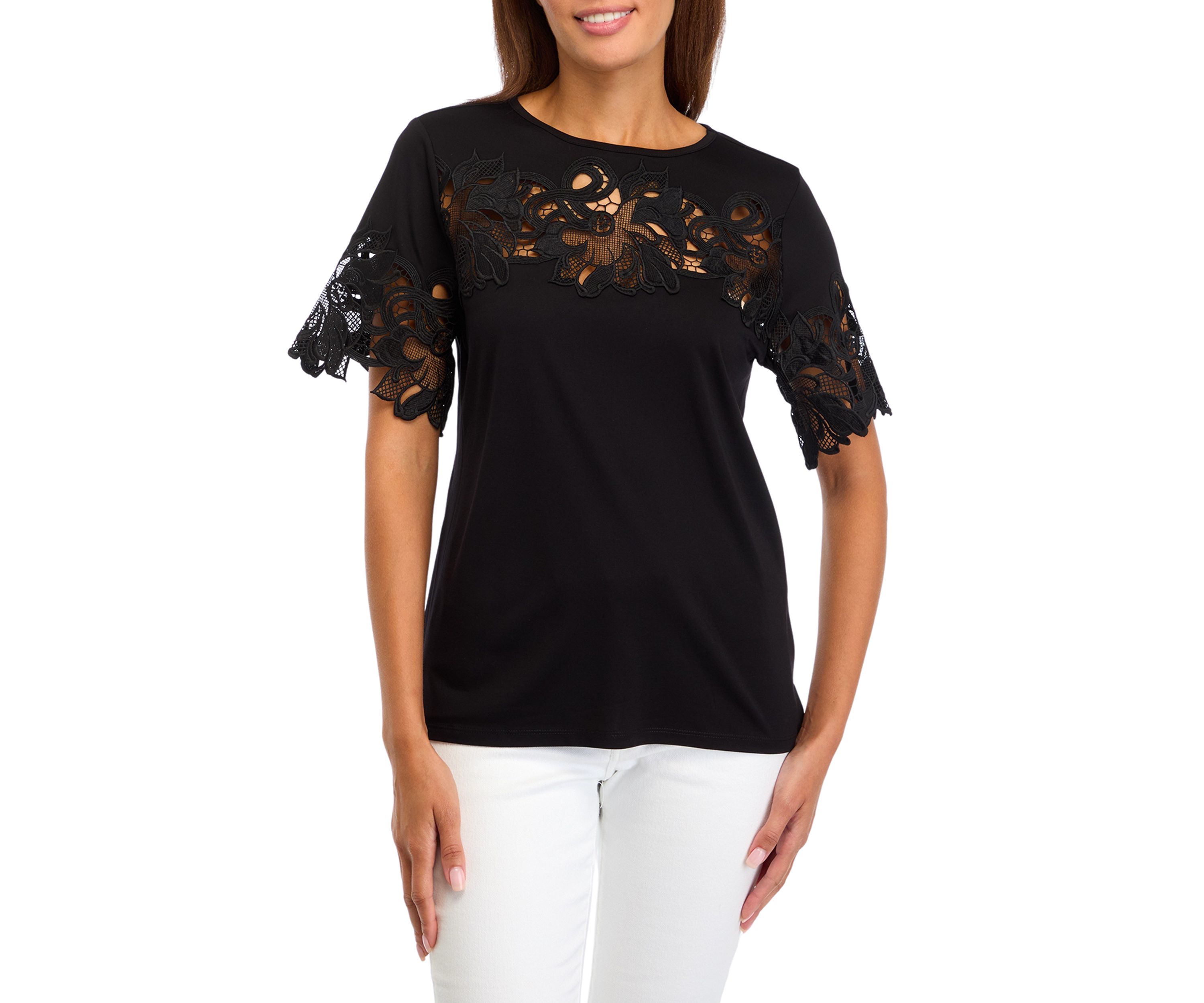 Womens Harmony Knit Short Sleeve Lace Appliqué Top