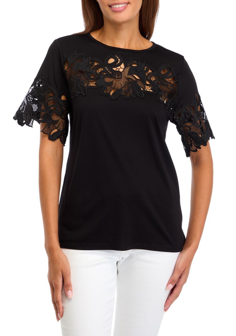Womens Harmony Knit Short Sleeve Lace Appliqué Top