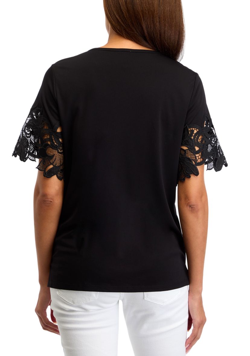 Womens Harmony Knit Short Sleeve Lace Appliqué Top