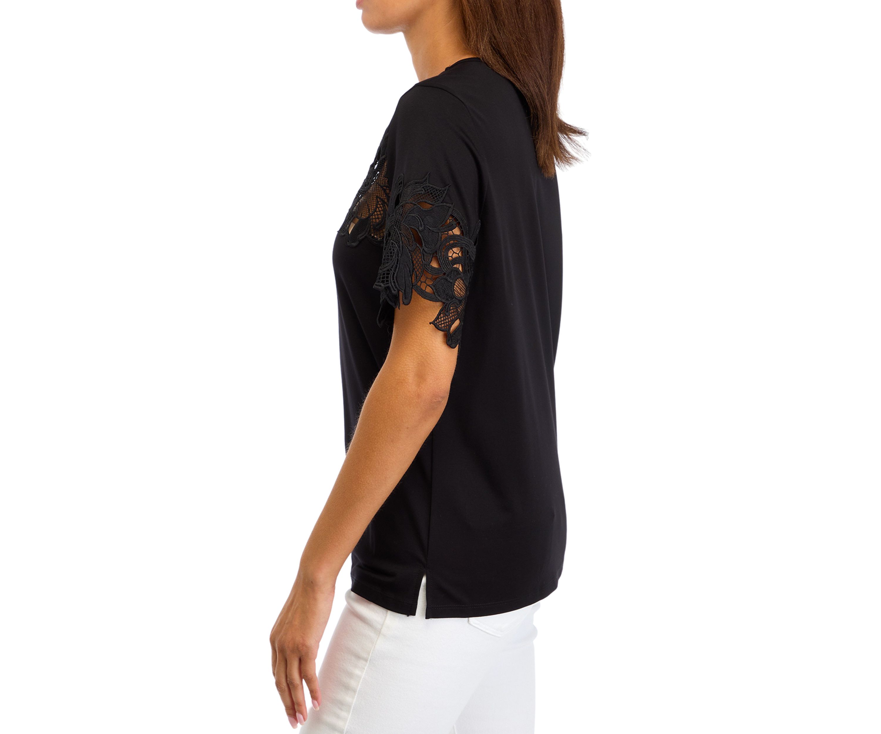 Womens Harmony Knit Short Sleeve Lace Appliqué Top