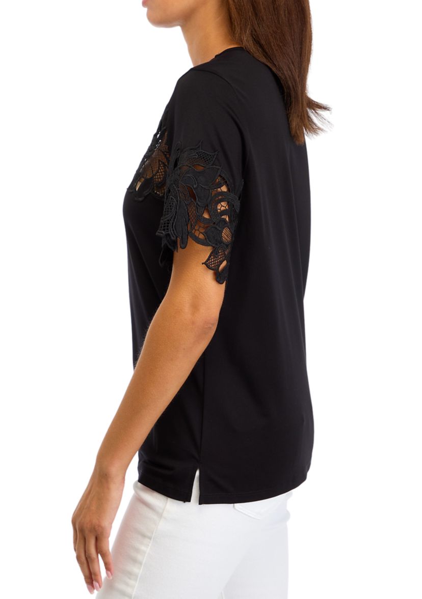 Womens Harmony Knit Short Sleeve Lace Appliqué Top