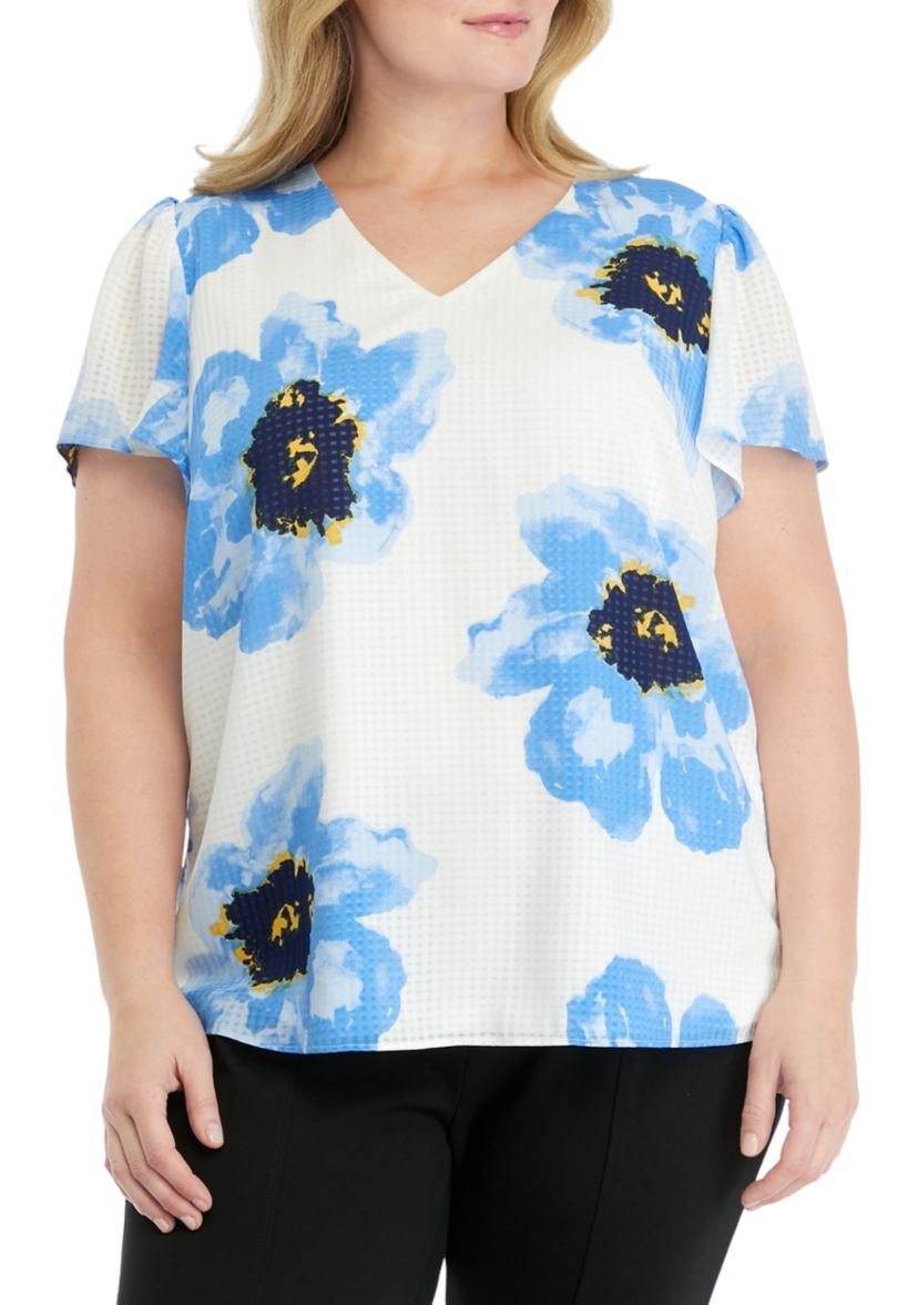 Plus Size V-Neck Flutter Sleeve Blouse