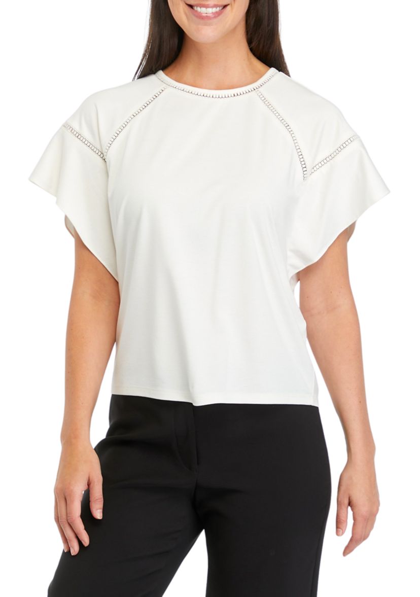 Womens Harmony Knit Eyelet Lace Trim T-Shirt