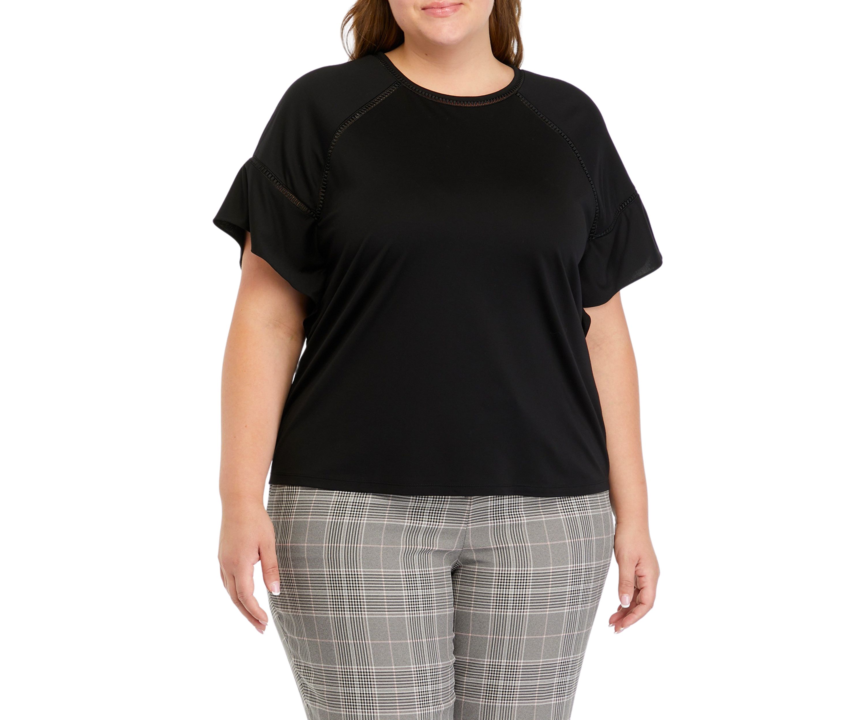 Plus Size Harmony Knit Eyelet Lace Trim Flounce Sleeve T-Shirt 