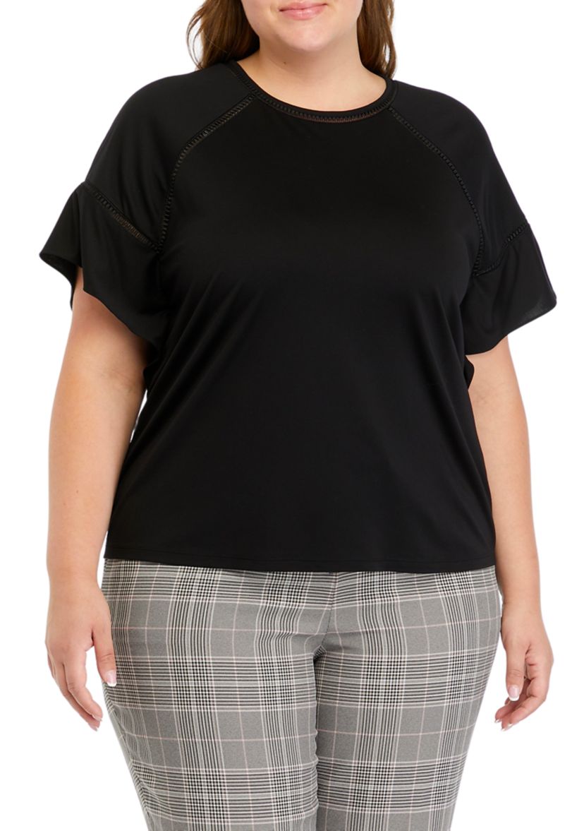 Plus Size Harmony Knit Eyelet Lace Trim Flounce Sleeve T-Shirt 