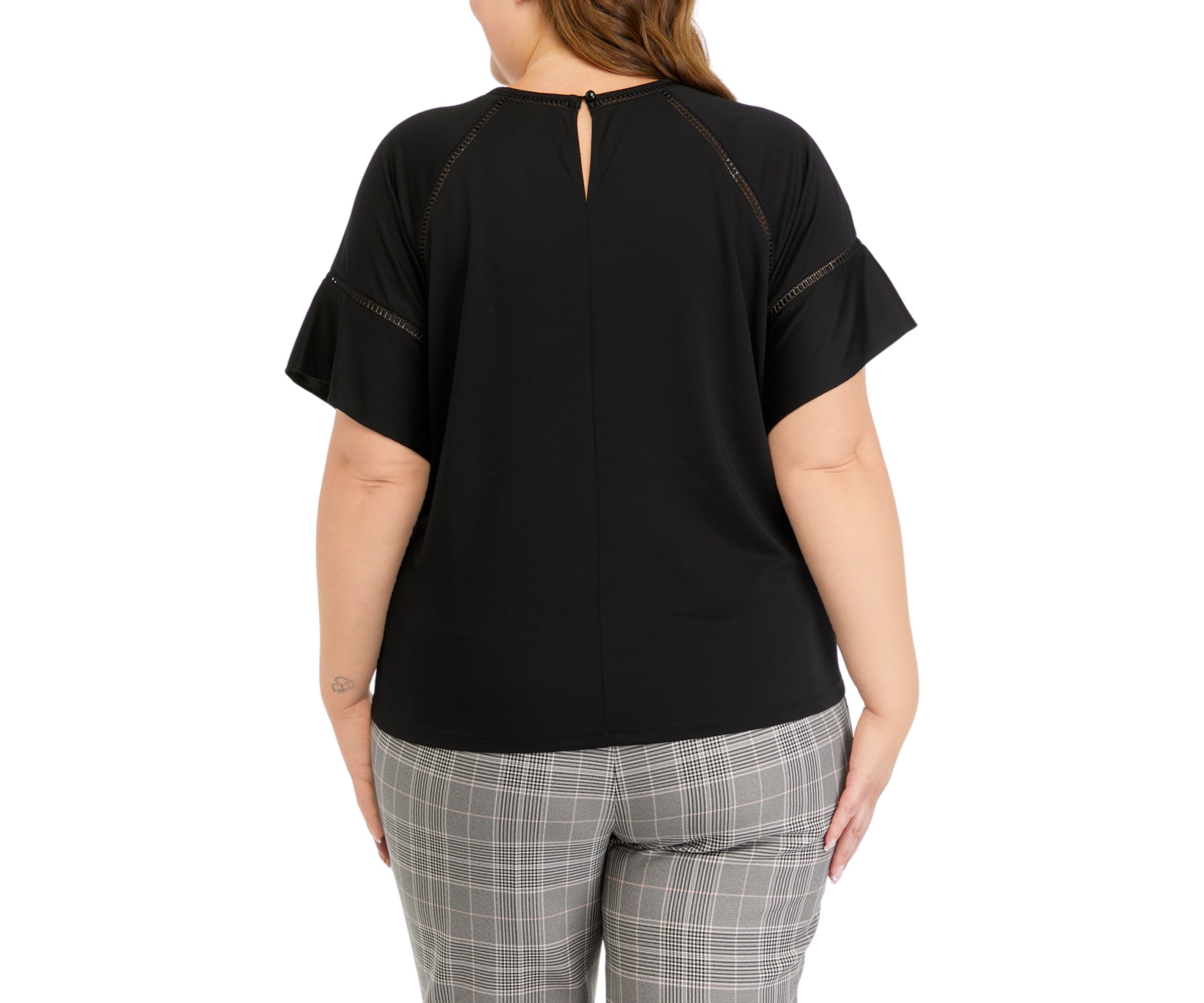 Plus Size Harmony Knit Eyelet Lace Trim Flounce Sleeve T-Shirt 