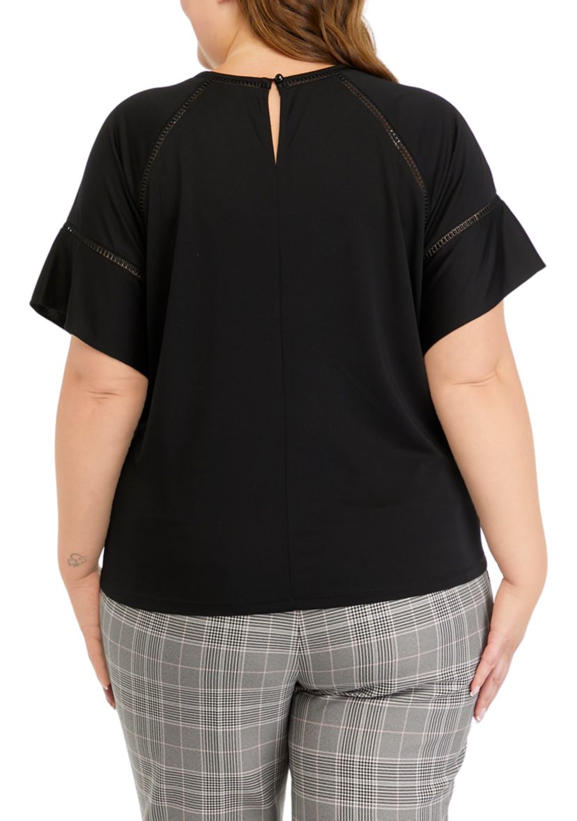 Plus Size Harmony Knit Eyelet Lace Trim Flounce Sleeve T-Shirt 