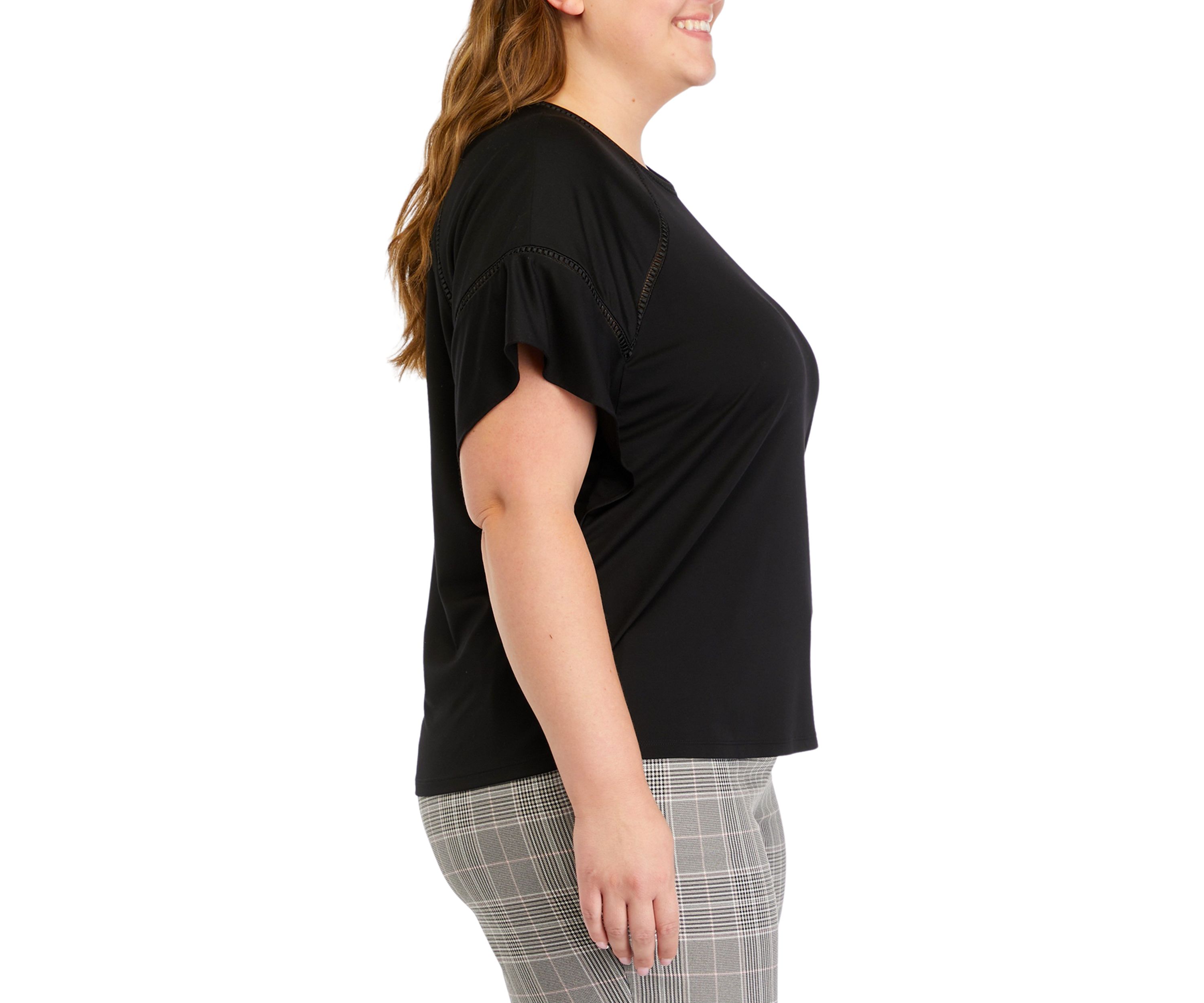 Plus Size Harmony Knit Eyelet Lace Trim Flounce Sleeve T-Shirt 