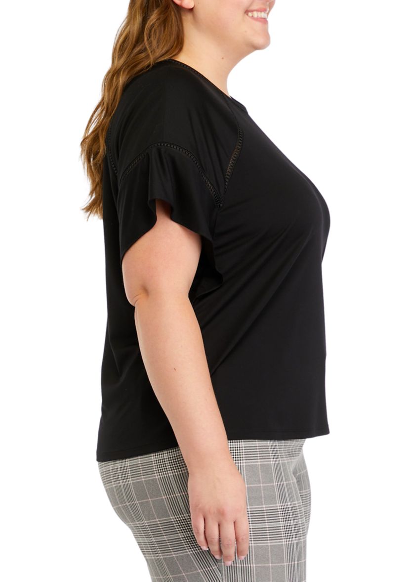 Plus Size Harmony Knit Eyelet Lace Trim Flounce Sleeve T-Shirt 