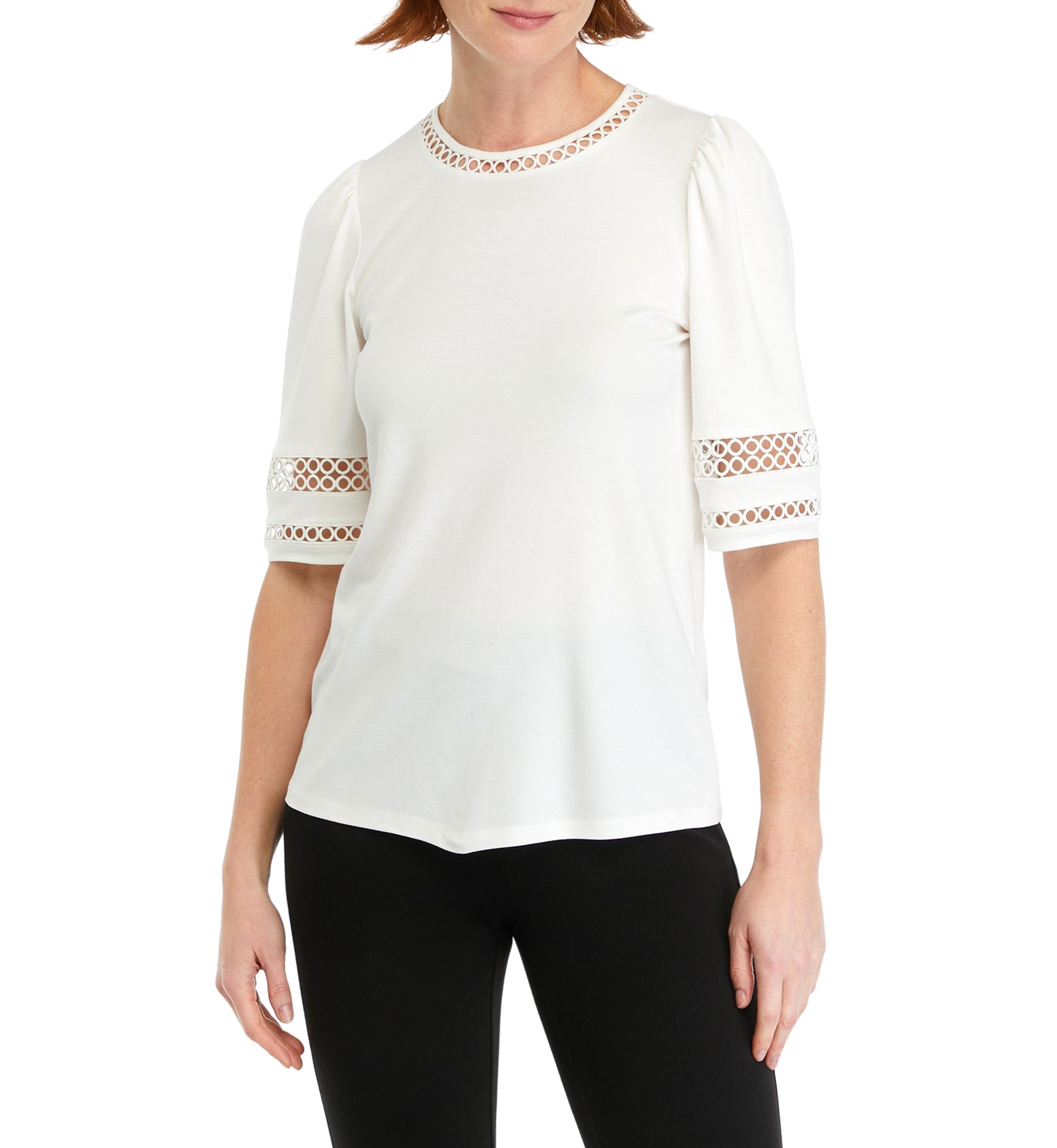 Womens Harmony Knit Lace Trim Elbow Sleeve T-Shirt