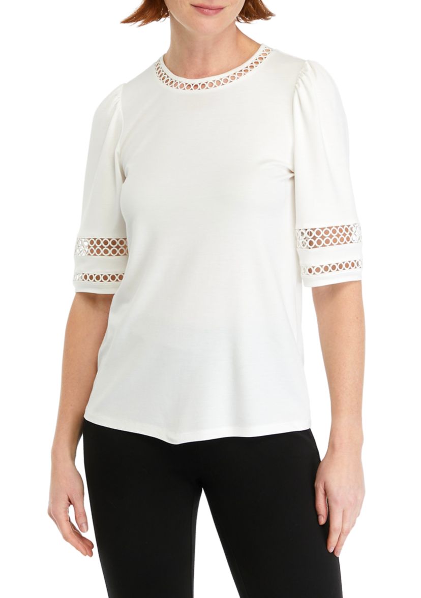 Womens Harmony Knit Lace Trim Elbow Sleeve T-Shirt