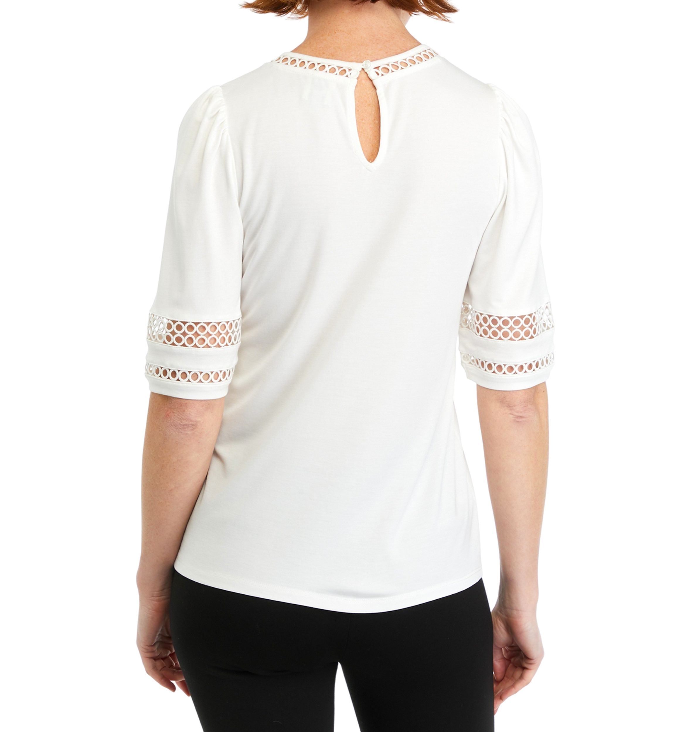 Womens Harmony Knit Lace Trim Elbow Sleeve T-Shirt