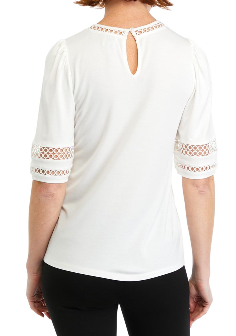 Womens Harmony Knit Lace Trim Elbow Sleeve T-Shirt
