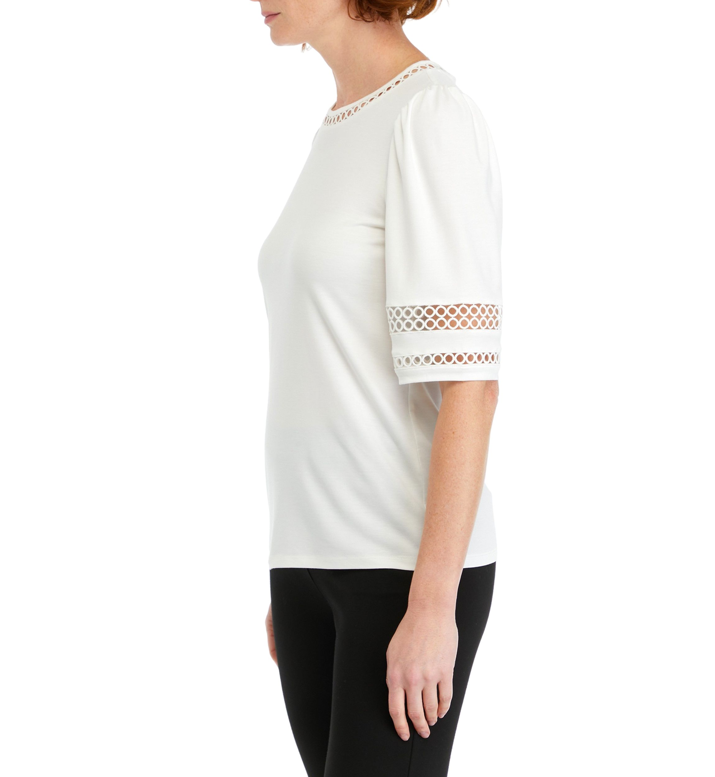 Womens Harmony Knit Lace Trim Elbow Sleeve T-Shirt