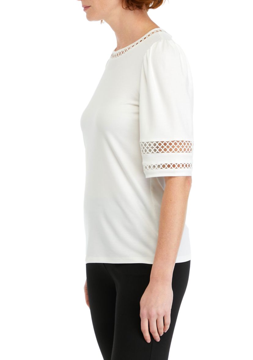 Womens Harmony Knit Lace Trim Elbow Sleeve T-Shirt