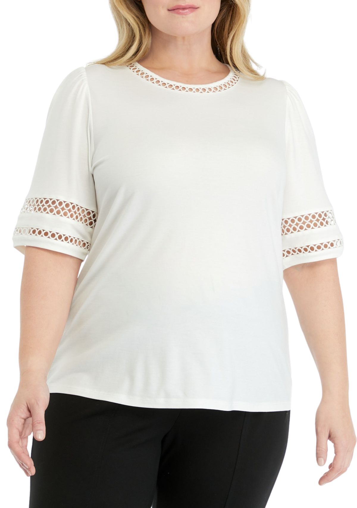 Plus Size Harmony Knit Lace Trim Elbow Sleeve T-Shirt
