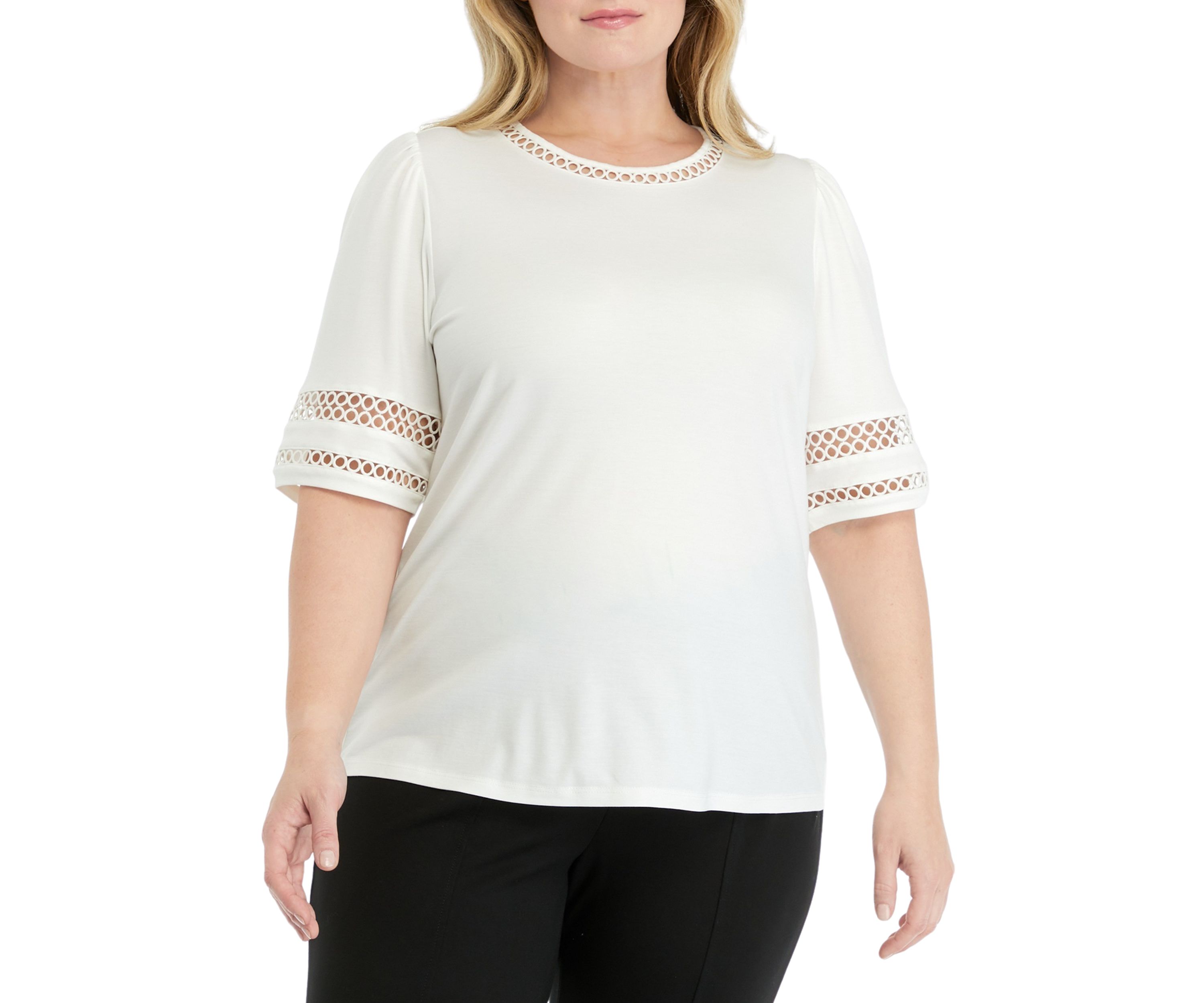 Plus Size Harmony Knit Lace Trim Elbow Sleeve T-Shirt