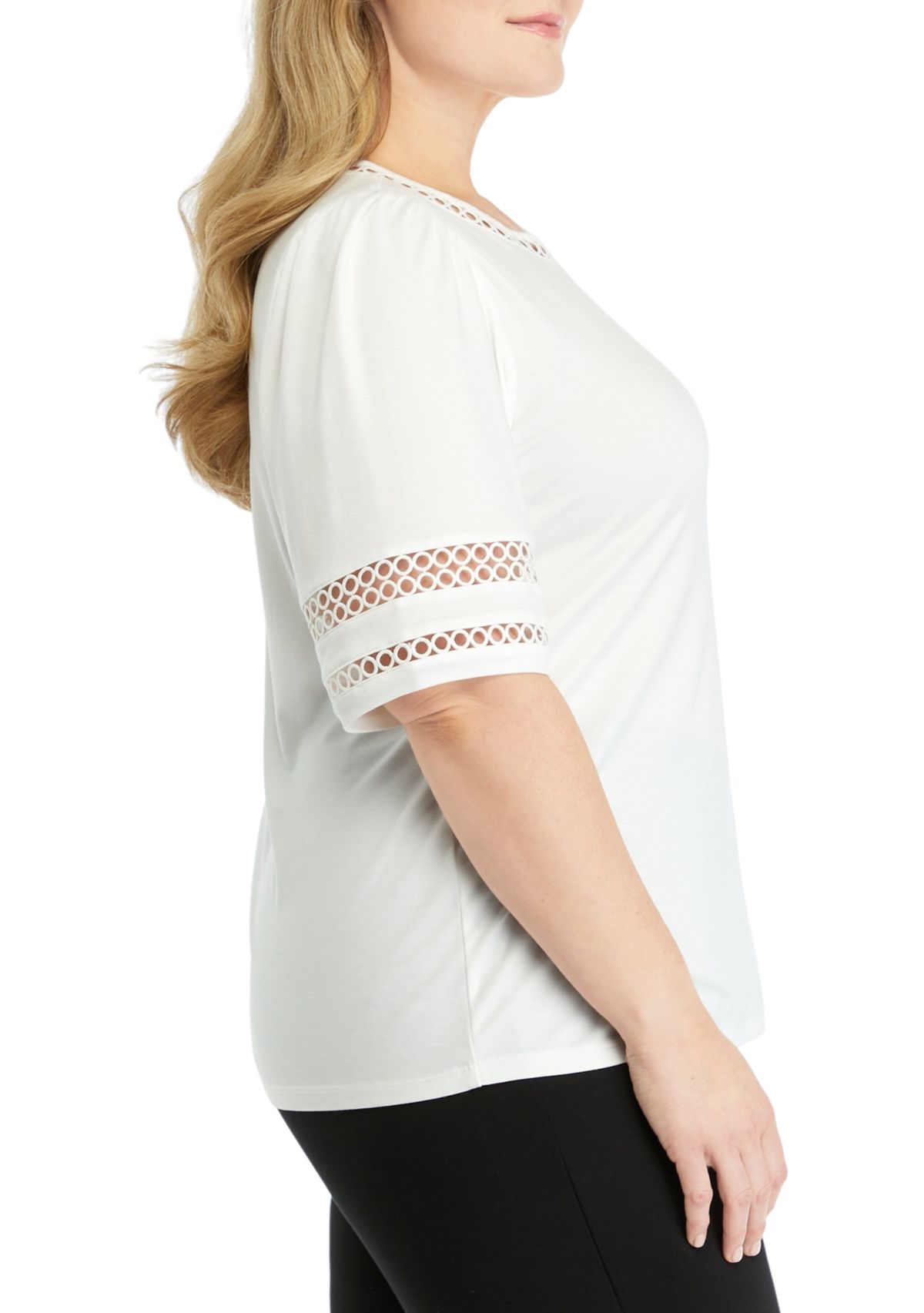 Plus Size Harmony Knit Lace Trim Elbow Sleeve T-Shirt