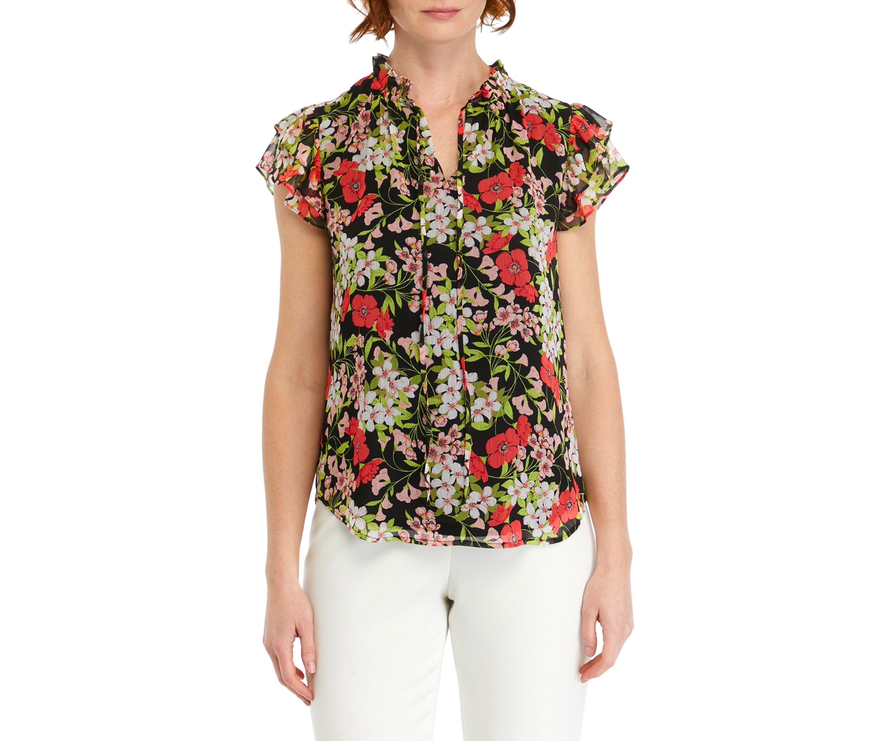 Womens Flutter Sleeve Floral Printed Blouse
