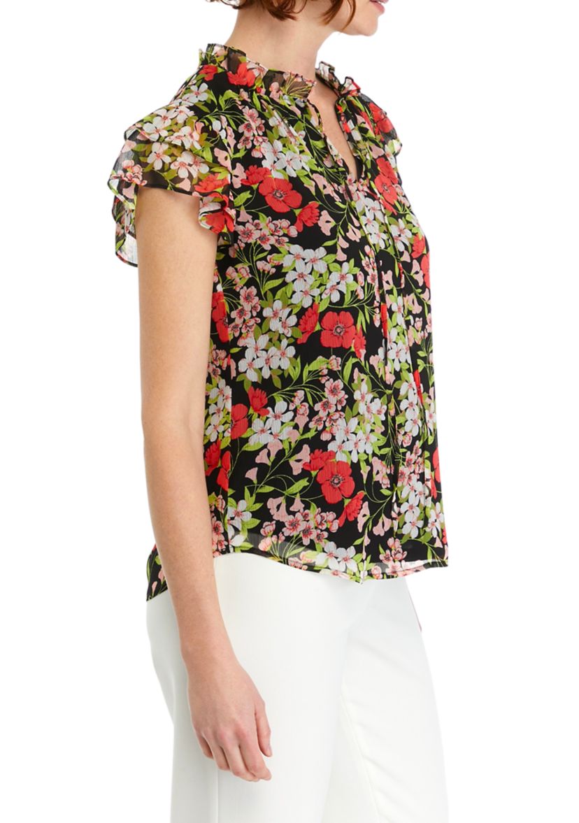 Womens Flutter Sleeve Floral Printed Blouse