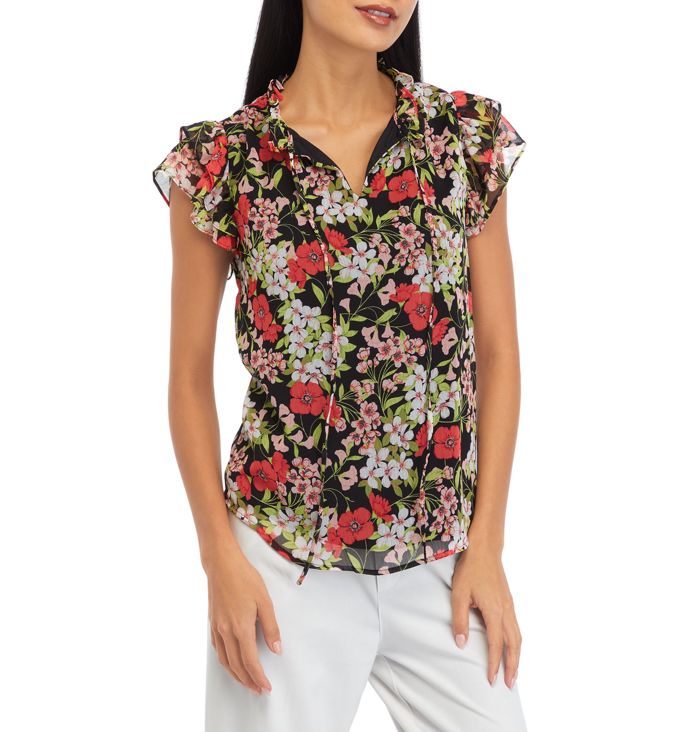 Petite Ruffle Sleeve Tie Blouse