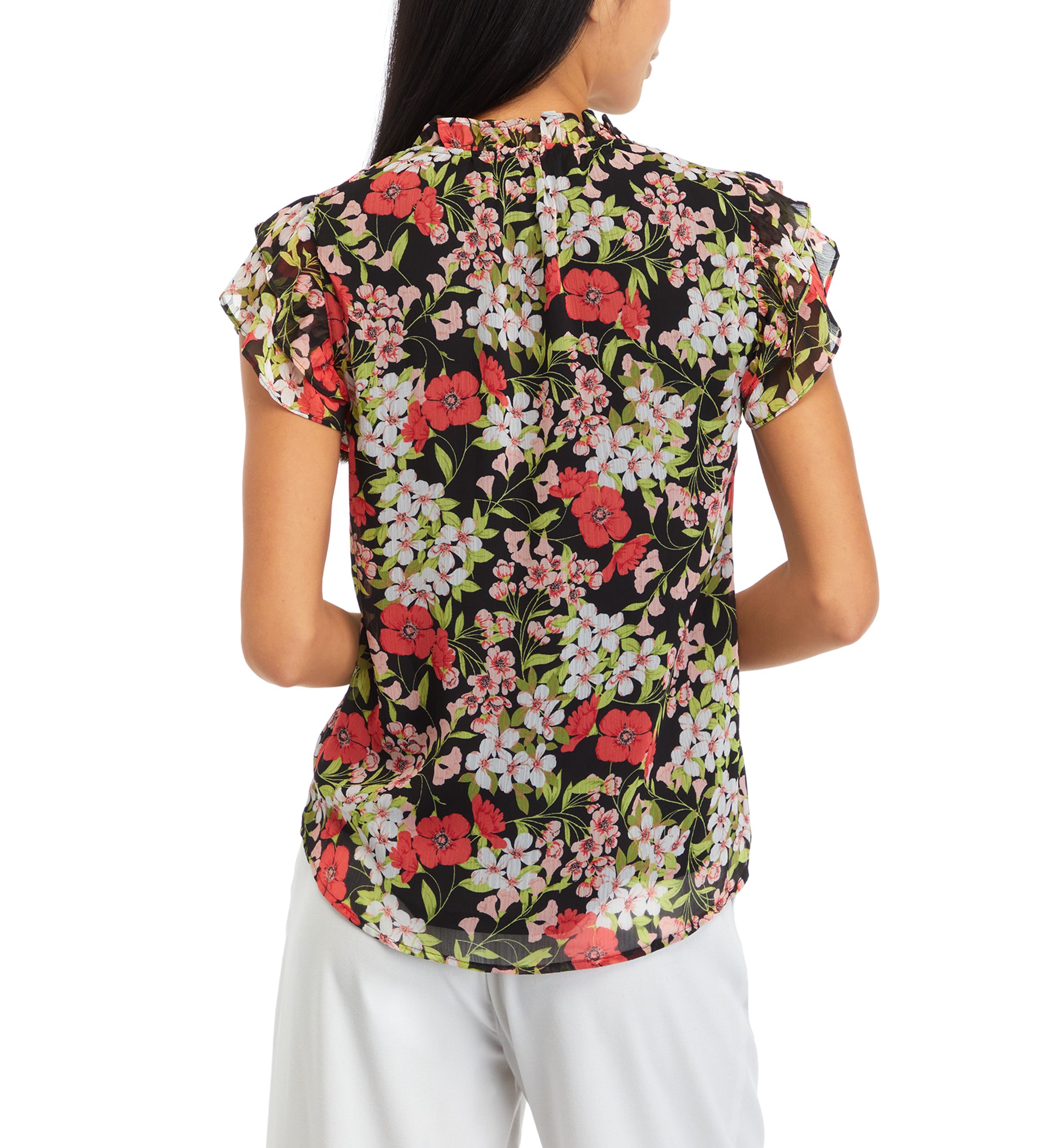 Petite Ruffle Sleeve Tie Blouse