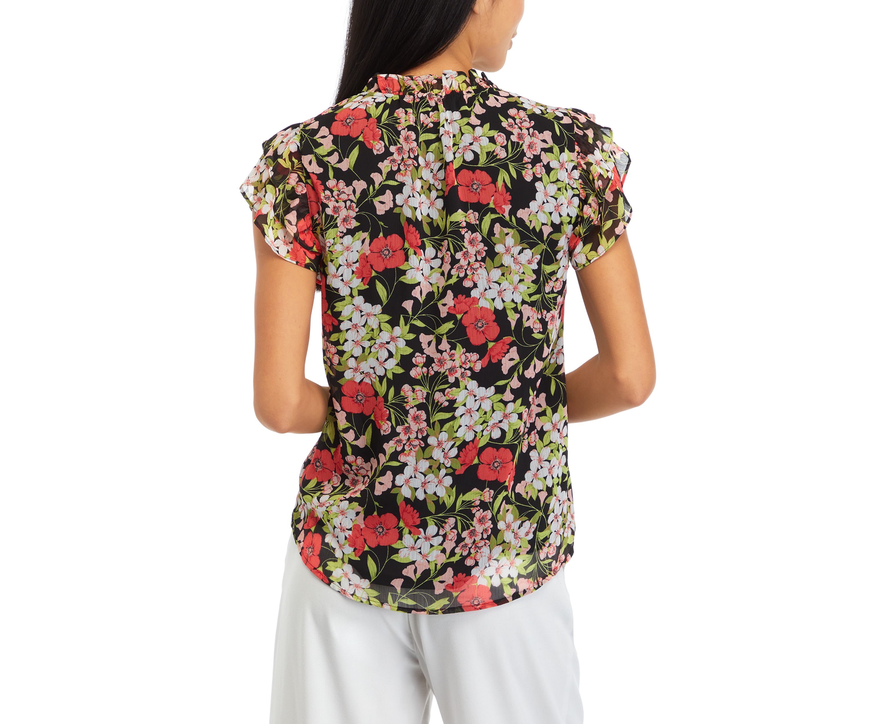 Petite Ruffle Sleeve Tie Blouse