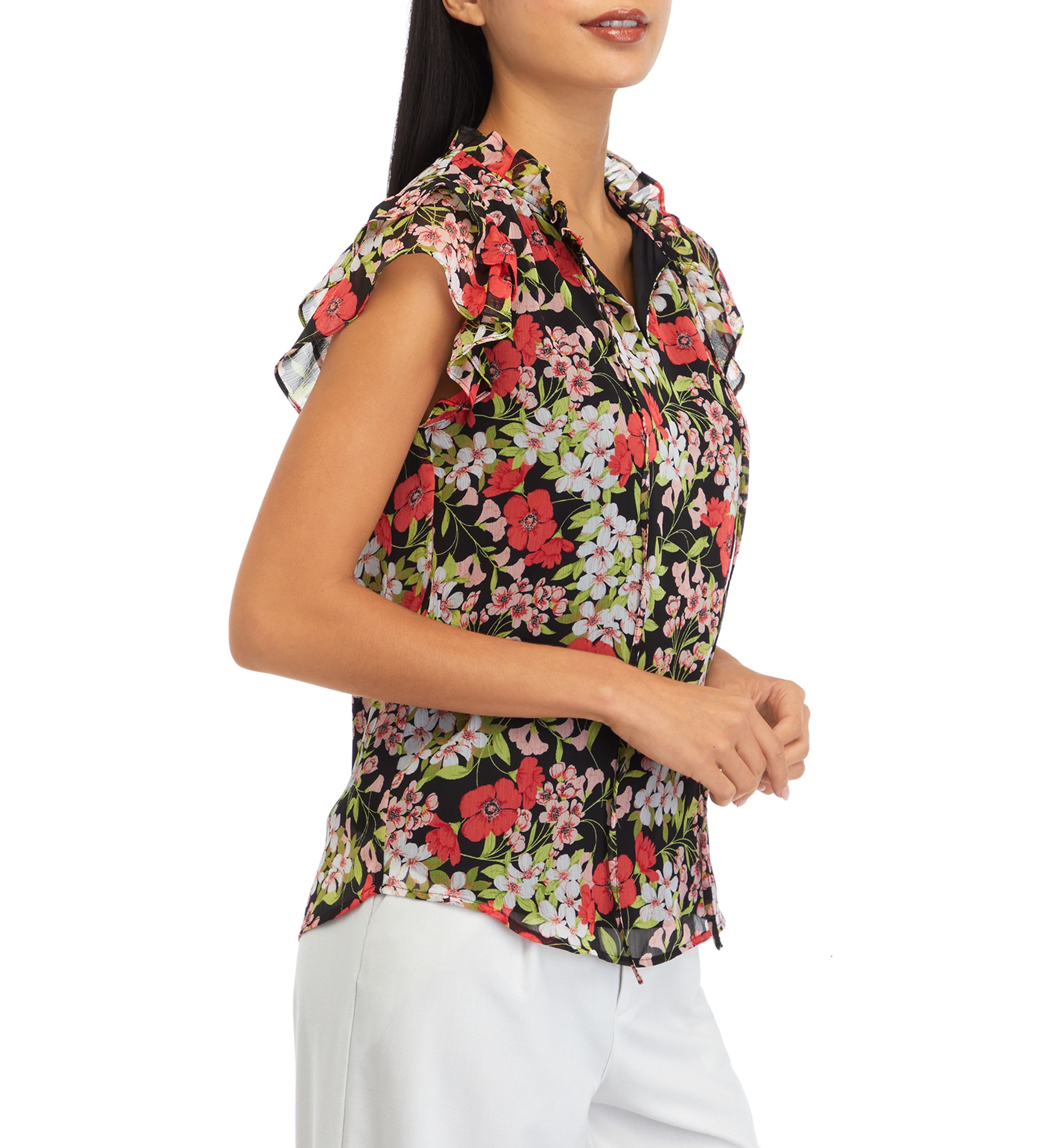 Petite Ruffle Sleeve Tie Blouse