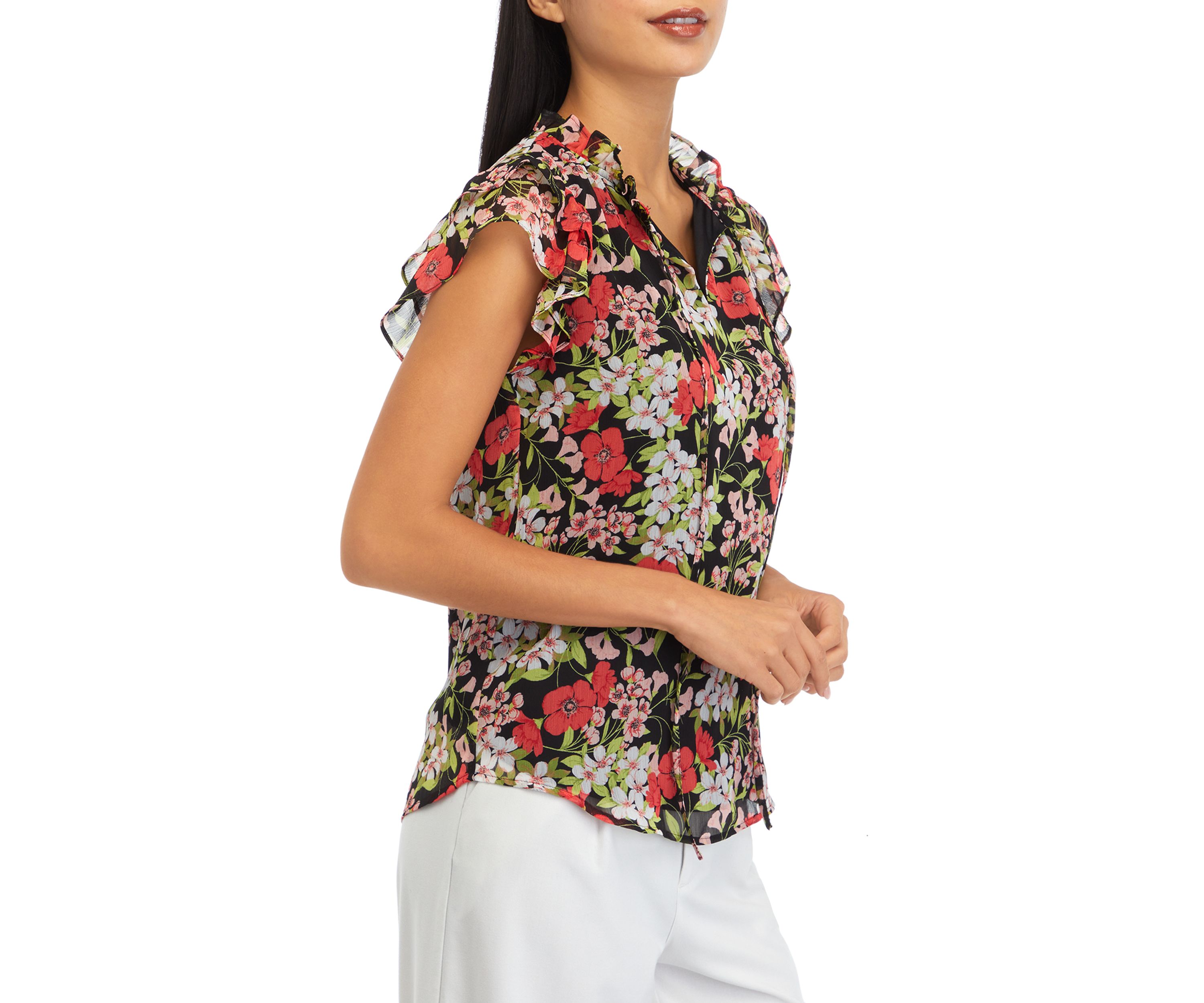 Petite Ruffle Sleeve Tie Blouse