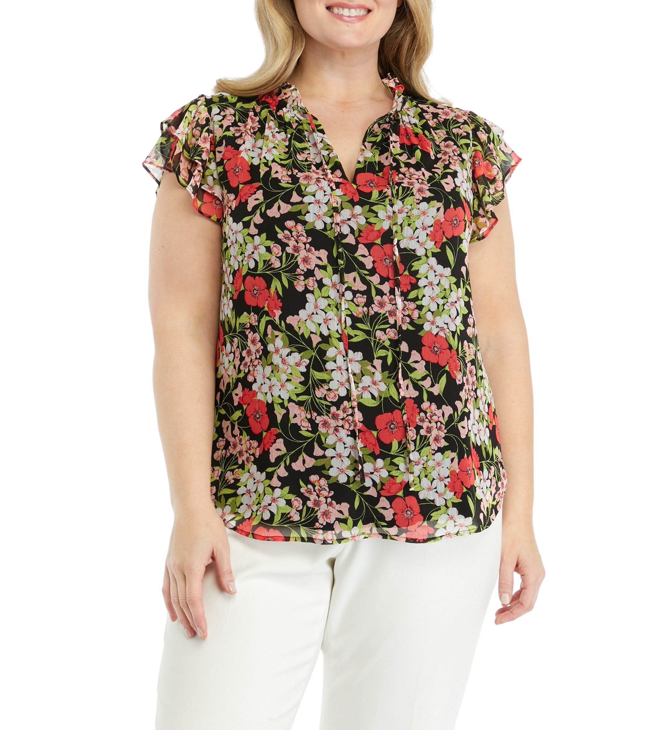 Plus Size Floral Printed Ruffle Blouse