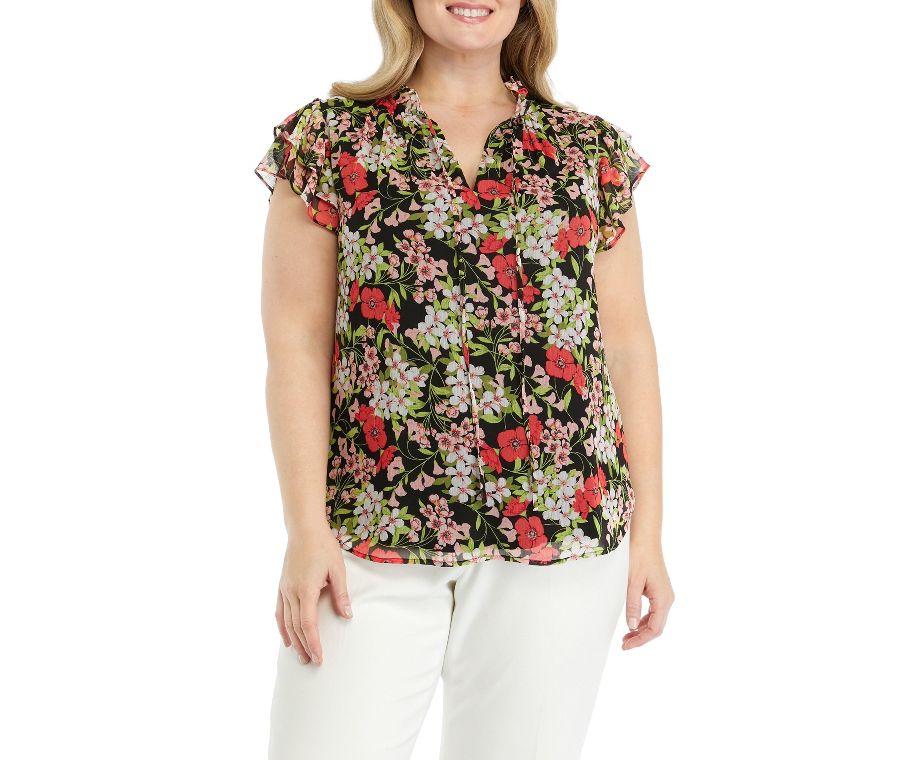 Plus Size Floral Printed Ruffle Blouse