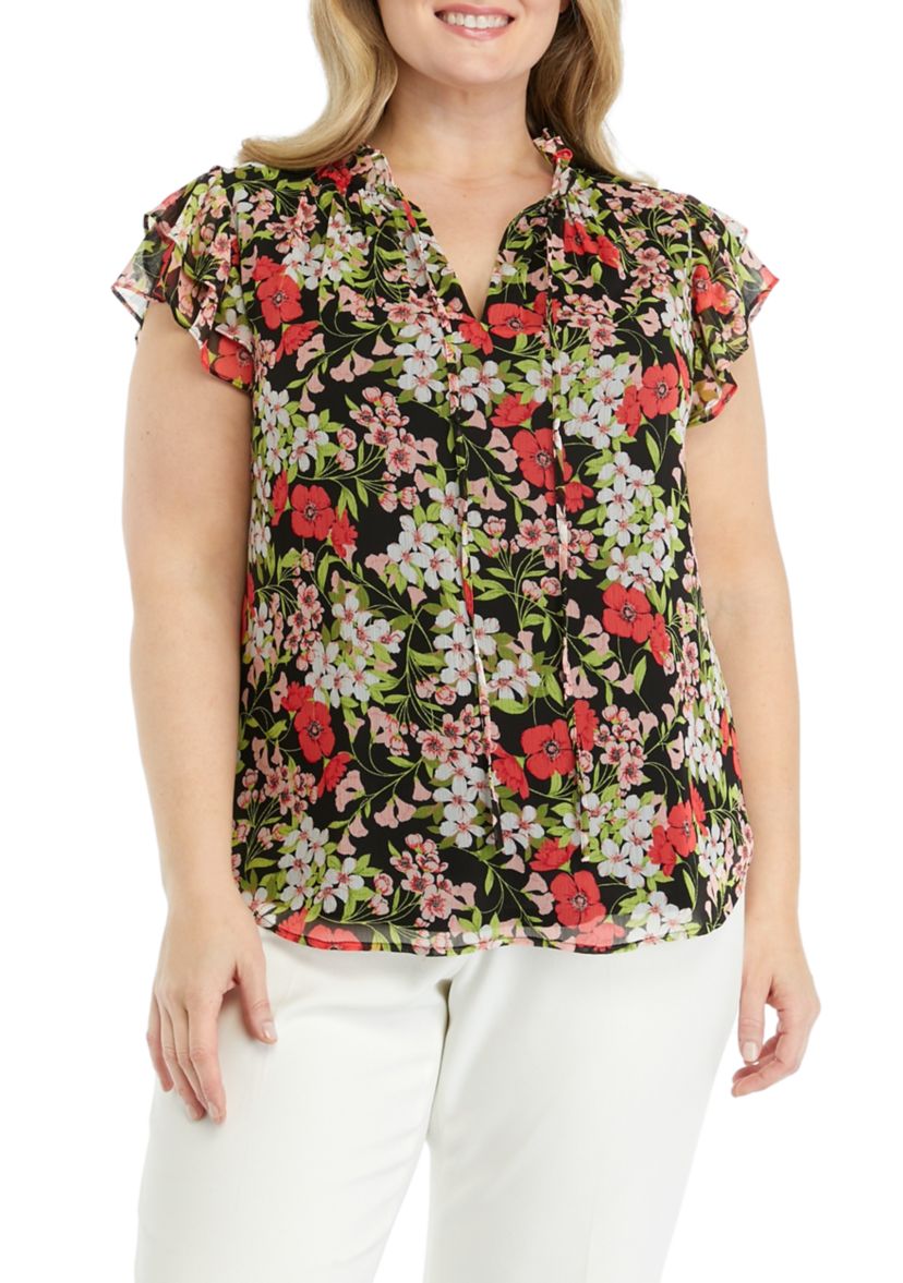 Plus Size Floral Printed Ruffle Blouse