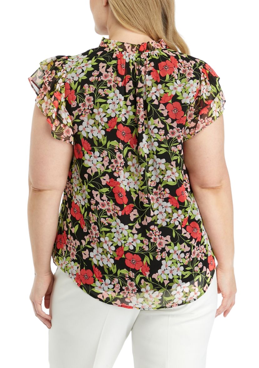 Plus Size Floral Printed Ruffle Blouse