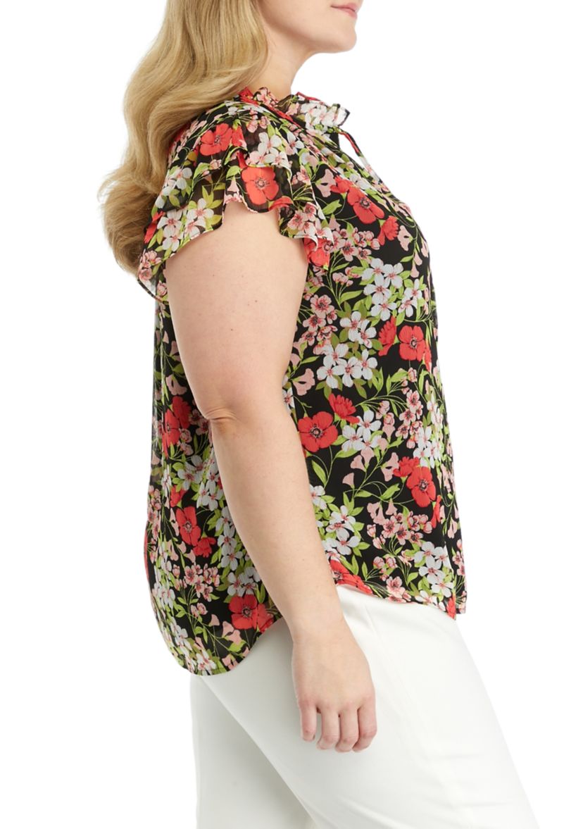 Plus Size Floral Printed Ruffle Blouse